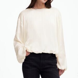 Madewell Long Sleeves Bubble Hem Top Satin Shirt White Round Neck Large 12